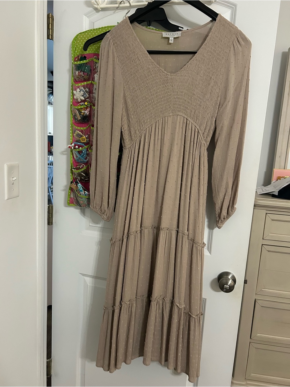 Boutique Taupe Smocked Midi Dress